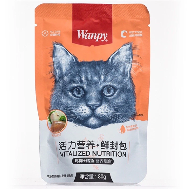 پوچ گربه بالغ ونپی با طمع مرغ و ماهی